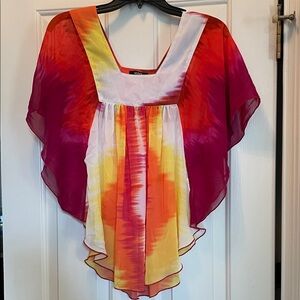 XOXO Tie-Dye Flutter Sleeve Blouse in Red, Pink, Yellow